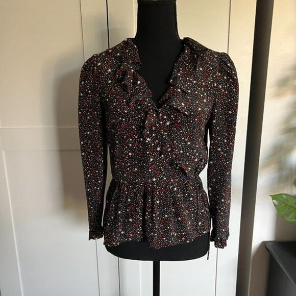 Madewell 100% Silk Ruffle-Hem Wrap Long Sleeve Top in Starry Night xs - Picture 2 of 10